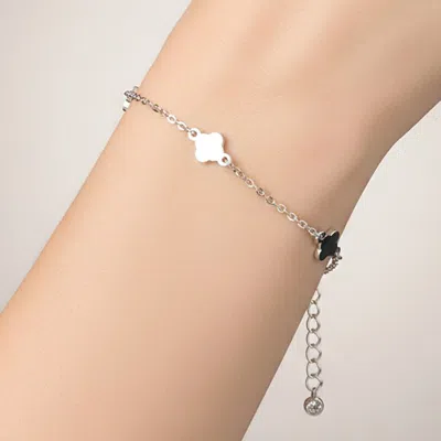 Fashnzfab White Gold Dipped Quatrefoil Charm Station Link Bracelet In Multi