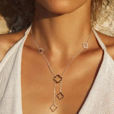 Fashnzfab White Gold Dipped Quatrefoil Station Necklace - Rhodium In Multi