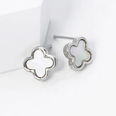 Fashnzfab White Gold Dipped Quatrefoil Stud Earrings - Rhodium, White In Metallic