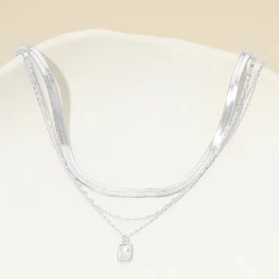 Fashnzfab White Gold Dipped Rectangular Stone Bezel Pendant Accent Herringbone Chain Layered Necklace In Multi