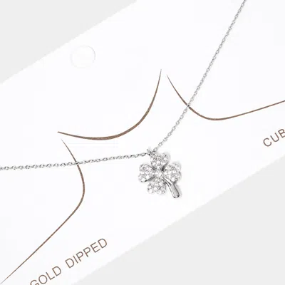 Fashnzfab White Gold Dipped Rhinestone Embellished Clover Pendant Necklace In Metallic