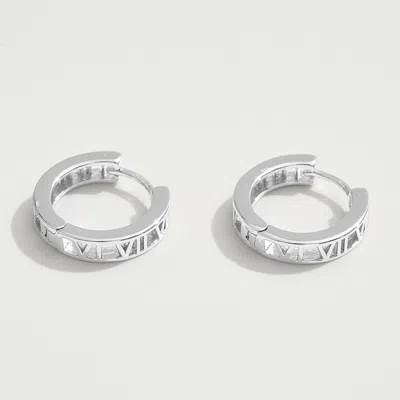 Fashnzfab White Gold Dipped Roman Numeral Huggie Hoop Earrings - Silver