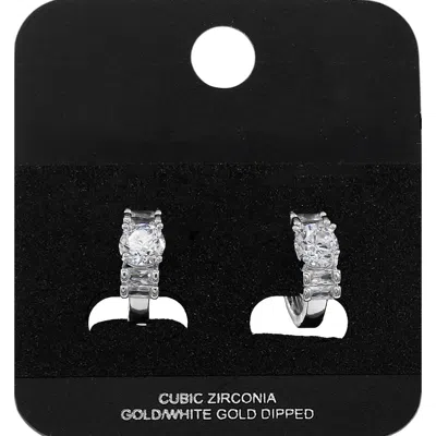 Fashnzfab White Gold Dipped Round Baguette Cz Mini Open Hoop Earrings Rhodium In Silver