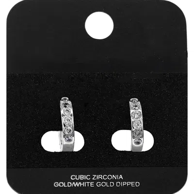 Fashnzfab White Gold Dipped Round Cz Channer Mini Open Hoop Earrings Rhodium