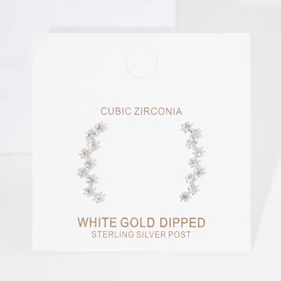 Fashnzfab White Gold Dipped Round Cz Cluster Climber Earrings - Clear, Rhodium In Silver
