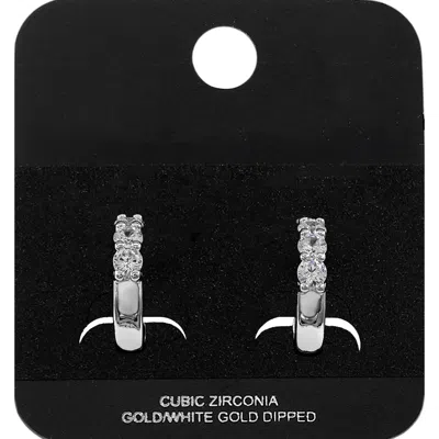 Fashnzfab White Gold Dipped Round Cz Stone Accent Mini Open Hoop Earrings Rhodium In Black
