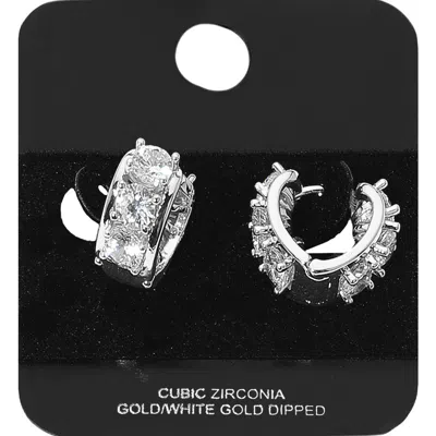 Fashnzfab White Gold Dipped Round Cz Stone Around Mini Heart Huggie Hoop Earrings In Multi