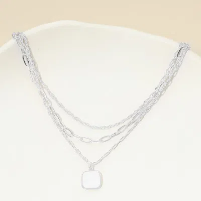 Fashnzfab White Gold Dipped Square Pendant Accent Mixed Paperclip Chain Layered Necklace In Multi
