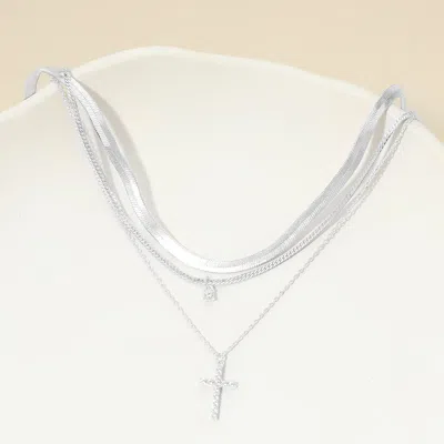 Fashnzfab White Gold Dipped Stone Pave Cross Pendant Accent Layered Herringbone Chain Necklace In Multi