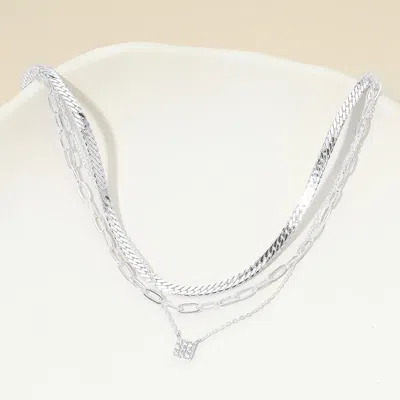 Fashnzfab White Gold Dipped Stone Pave Square Pendant Accent Herringbone Paperclip Chain Layered Necklace In Multi