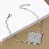 Fashnzfab White Gold Dipped Stone Paved Quatrefoil Charm Pointed Paperclip Chain Bracelet Clear, Rhodium In Metallic