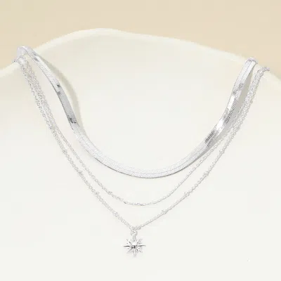 Fashnzfab White Gold Dipped Sunburst Charm Pendant Herringbone Chain Layered Necklace In Multi