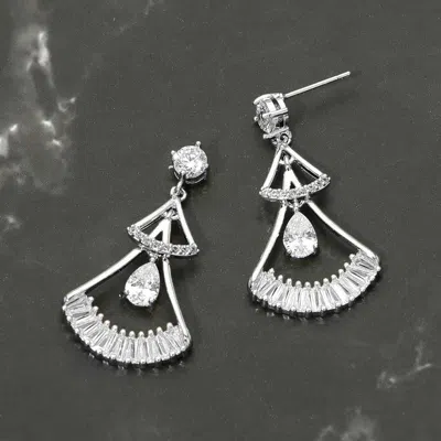 Fashnzfab White Gold Dipped Teardrop Cz Cluster Accent Fan Drop Earrings Rhodium In Silver