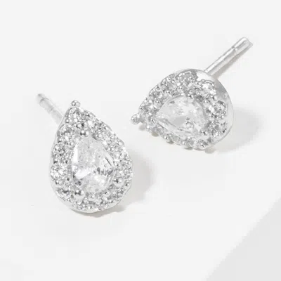 Fashnzfab White Gold Dipped Teardrop Cz Stone Cluster Mini Stud Earrings - Clear, Rhodium In Metallic