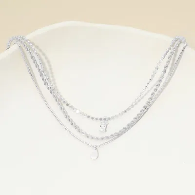 Fashnzfab White Gold Dipped Teardrop Stone Bezel Pendant Accent Mixed Chain Layered Necklace In Multi