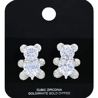 Fashnzfab White Gold Dipped Teddy Bear Cz Stone Stud Earrings Rhodium In Multi
