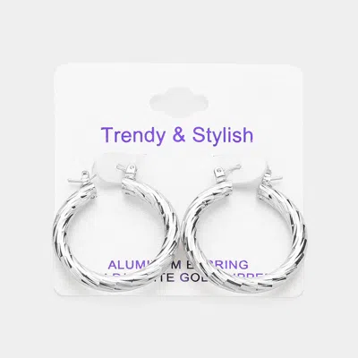 Fashnzfab White Gold Dipped Textured Aluminum Hoop Earrings 1.2" X 1.2" In Silver
