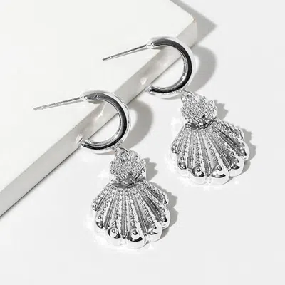 Fashnzfab White Gold Dipped Textured Scallop Shell Drop Dangle Mini Hoop Earrings In Multi