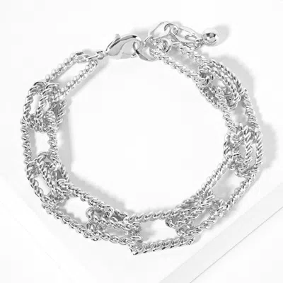 Fashnzfab White Gold Dipped Textured Square Rope Link Chain Bracelet Rhodium In Metallic