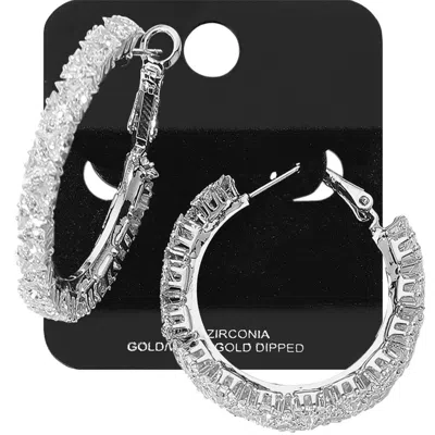 Fashnzfab White Gold Dipped Triangle Cz Stone Cluster Around Hoop Earrings - Rhodium In Silver