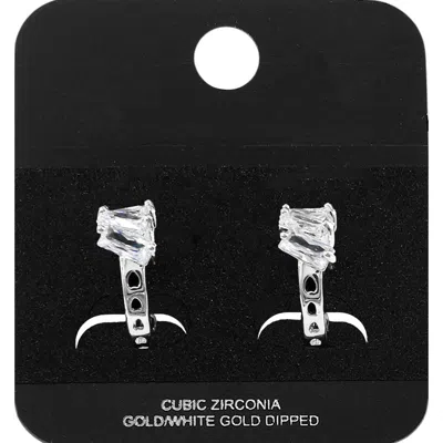 Fashnzfab White Gold Dipped Triple Baguette Cut Cz Cluster Accent Mini Open Hoop Earrings Rhodium In Multi