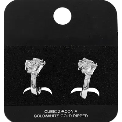 Fashnzfab White Gold Dipped Triple Baguette Cz Accent Mini Open Hoop Earrings Rhodium In Silver