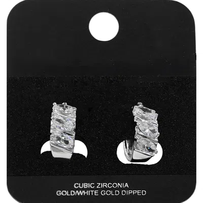 Fashnzfab White Gold Dipped Triple Marquise Cz Stone Cluster Accent Mini Open Hoop Earrings Rhodium In Silver
