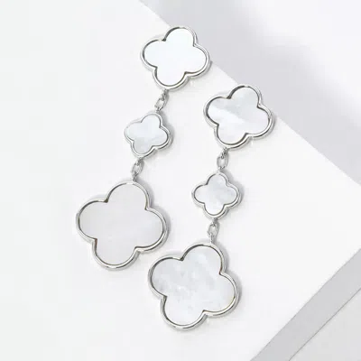Fashnzfab White Gold Dipped Triple Quatrefoil Link Drop Earrings In Silver