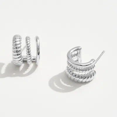 Fashnzfab White Gold Dipped Triple Rope Textured Hoop Earrings - Silver