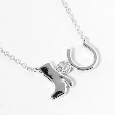 Fashnzfab White Gold Dipped Western Boot Round Stone Horseshoe Pendant Necklace In Silver
