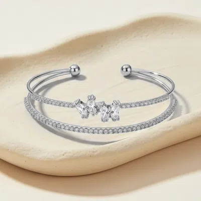 Fashnzfab White Gold Plated Cz Double Butterfly Accent Cuff Bracelet In Silver