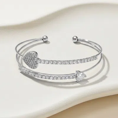 Fashnzfab White Gold Plated Cz Pave Heart And Arrow Cuff Bracelet In Silver