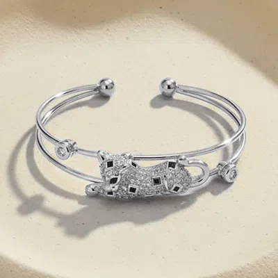 Fashnzfab White Gold Plated Cz Pave Leopard Cuff Bracelet In Silver