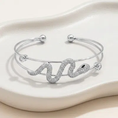 Fashnzfab White Gold Plated Cz Pave Snake Accent Cuff Bracelet In Silver
