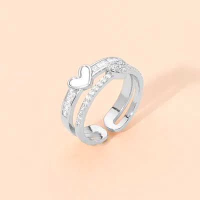 Fashnzfab White Gold Plated Mother Of Pearl Heart Accent Cz Pave Double Band Adjustable Ring In Gray