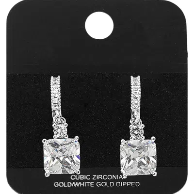 Fashnzfab White Gold Square Cz Drop Huggie Earrings Rhodium In Multi