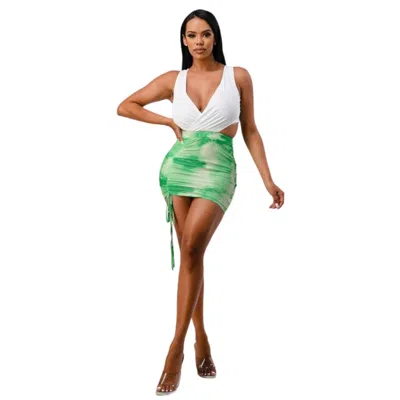 Fashnzfab White Top With Cross Open Back With Bodycon Tie Dye Ruched Mini Dress In Multi