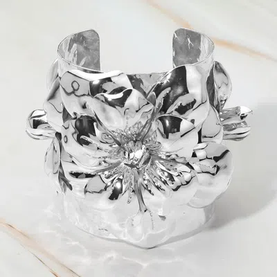 Fashnzfab Wide Bold Floral Statement Cuff Bracelet In Silver