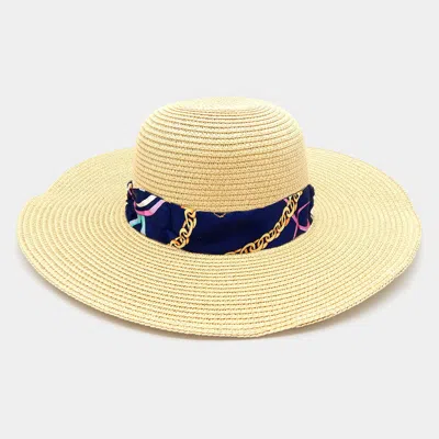 Fashnzfab Wide Brim Chain Printed Silk Like Fabric Band Straw Hat In Sand