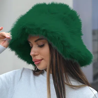 Fashnzfab Wide Brim Faux Fur Winter Bucket Hat In Green
