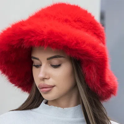 Fashnzfab Wide Brim Faux Fur Winter Bucket Hat In Red