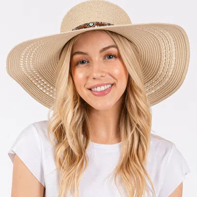 Fashnzfab Wide Brim Straw Sun Hat With Evil Eye And Multi Design Band In Sand