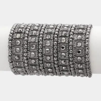 Fashnzfab Wide Crystal Metal Stretch Bracelet Hematite In Silver