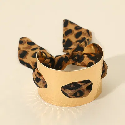 Fashnzfab Wide Hammered Metal Cuff Leopard Print Fabric Bracelet In Multi