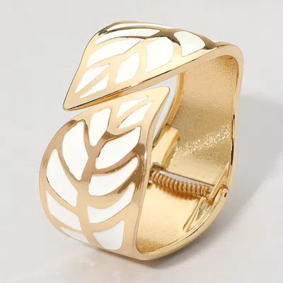 Fashnzfab Wide Leaf Cutout Enamel Inlay Hinged Bangle Bracelet In Gold