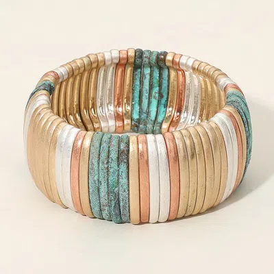 Fashnzfab Wide Matte Metal Ribbed Stretch Bracelet Patina Verdigris In Gold