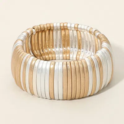 Fashnzfab Wide Matte Metal Ribbed Stretch Bracelet Two Tone, Worn Gold, Worn Silver In Multi