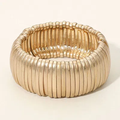 Fashnzfab Wide Matte Metal Ribbed Stretch Bracelet Worn Gold In Multi