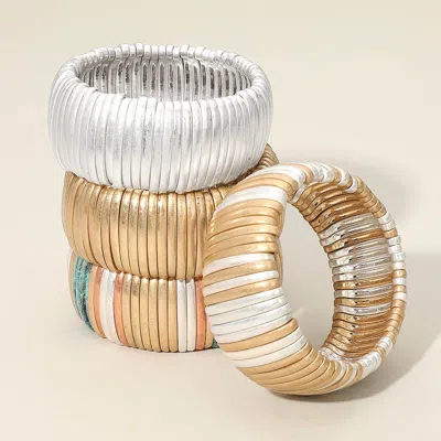 Fashnzfab Wide Matte Metal Ribbed Stretch Bracelet Worn Silver In Multi