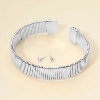 Fashnzfab Wide Metal Ribbed Choker Necklace In Silver